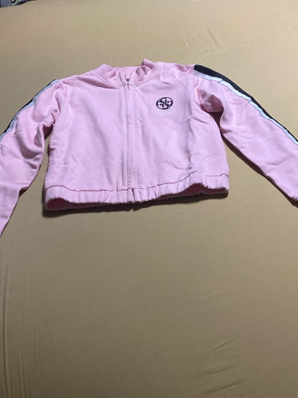 Guess Pink Cropped Jean Jacket with Black & White Stripes